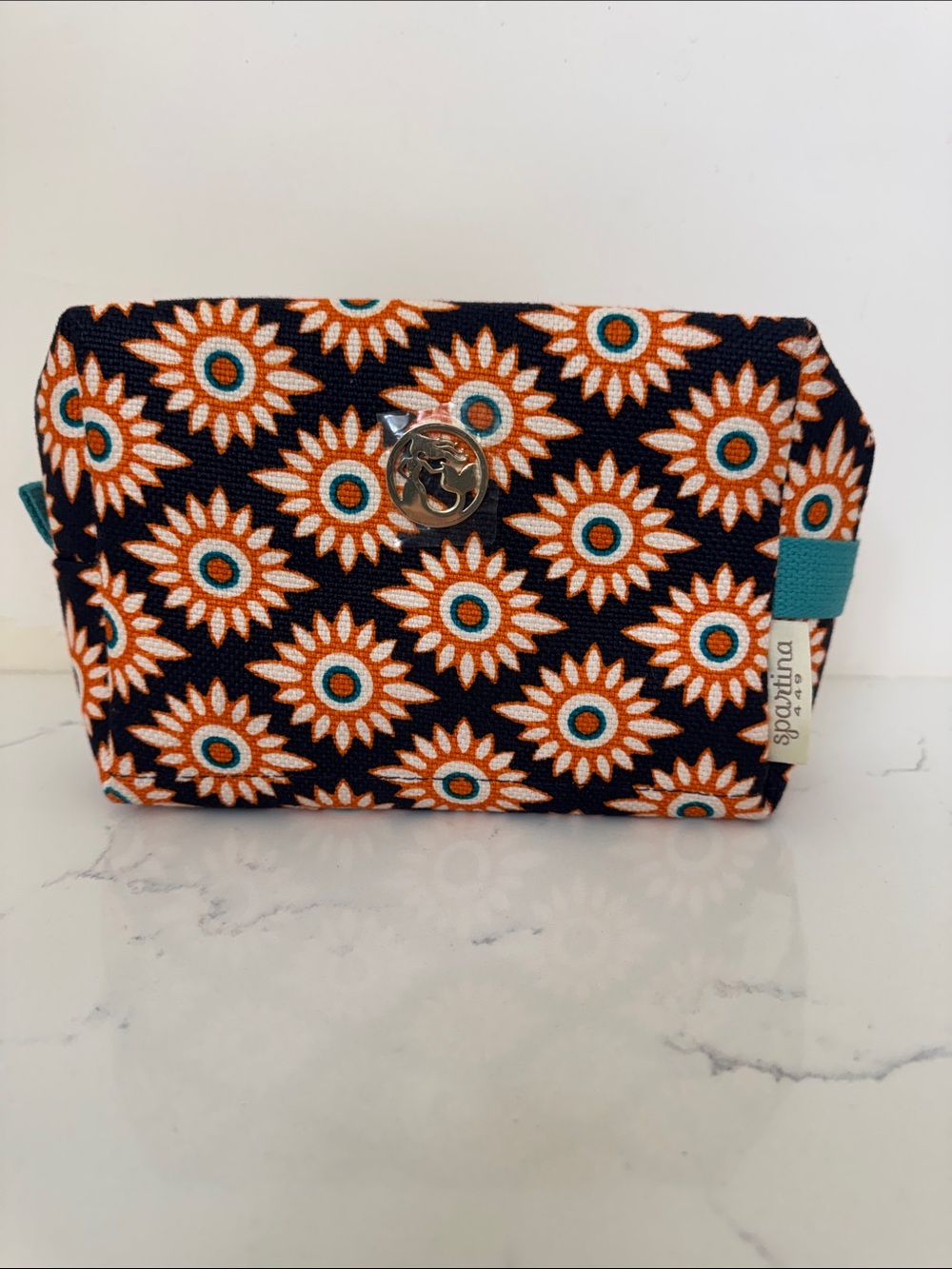 Spartina 449 Black Floral Sunburst Cosmetic Bag with Orange and Teal Accents